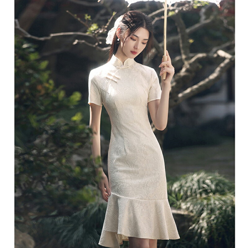 蕾絲旗袍女2022年新款時尚年輕款少女魚尾改良小個子氣質中國風夏