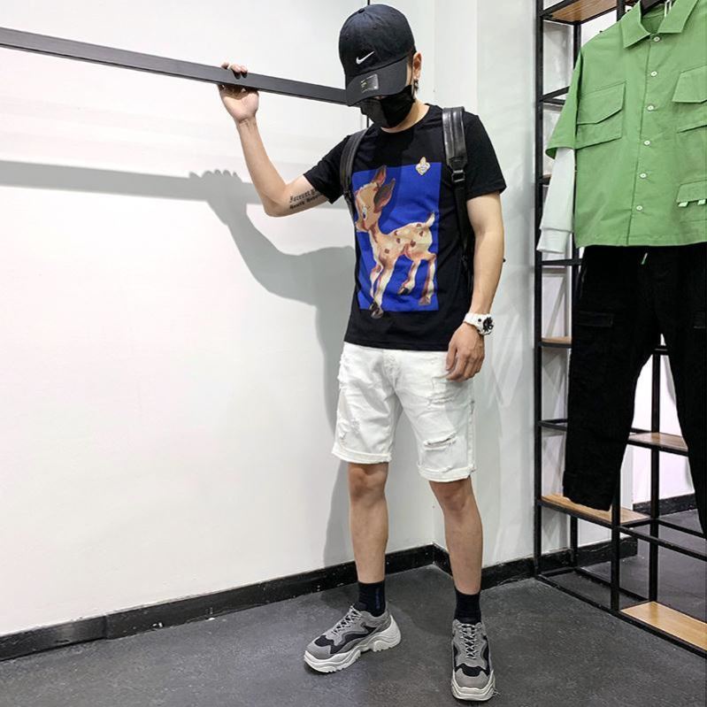 寬松白色破洞牛仔褲短褲男士大碼韓版潮流馬褲五分褲夏季休閑中褲