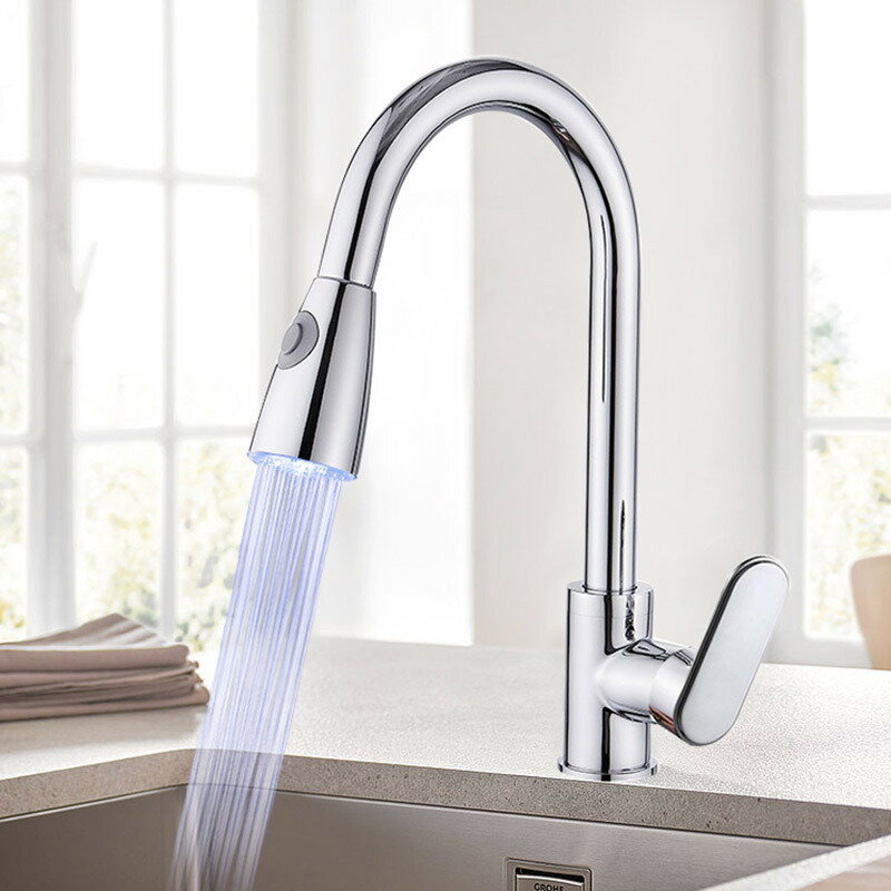 電鍍黃銅體廚房洗菜盆水槽冷熱抽拉龍頭水力發電LED發光水龍頭