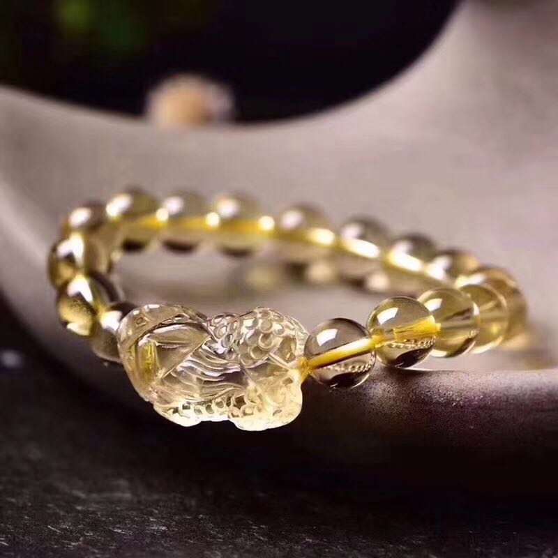 正品天然黃水晶貔貅手鏈 水晶貔貅手串 黃水晶10mm珠貔貅女款手鏈1入