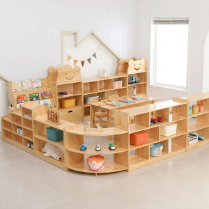 免運 幼兒園落地式多層書包實木柜兒童儲物柜早教玩具架小熊組合收納柜-快速出貨