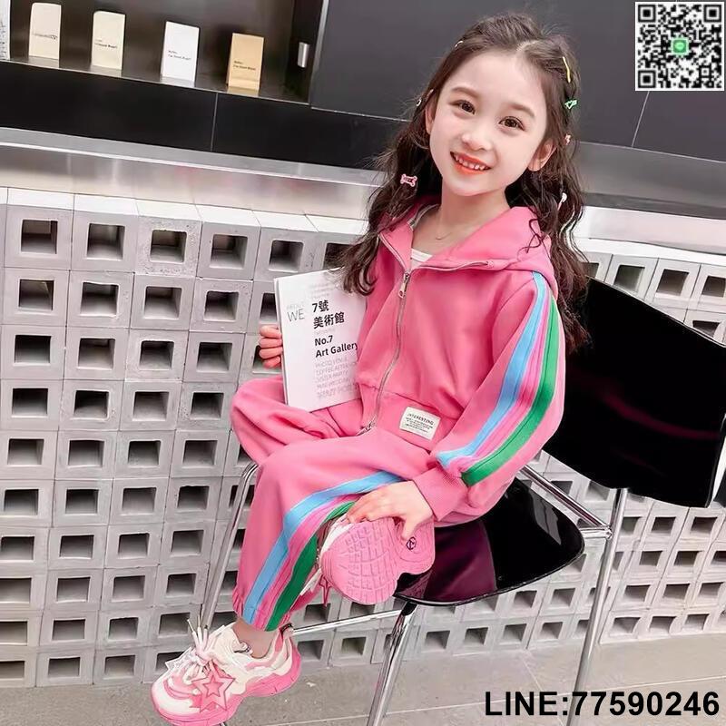 【歡樂購】2024新款女童春裝套裝彩條運動洋氣時髦兒童女寶寶休閑兩件套秋裝