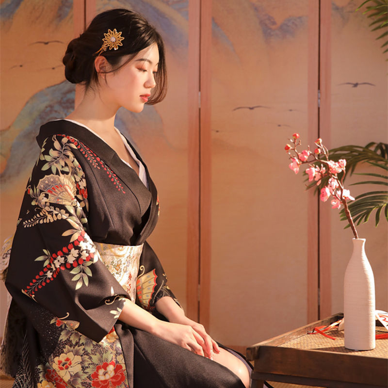 新款和服浴衣女日式傳統四季改良黑色系霸氣和風服裝日本和服套裝