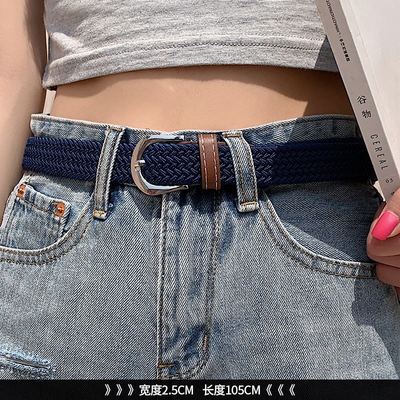 百搭牛仔褲皮帶女無需打孔帆布腰帶女士編織松緊彈性學生裝飾褲帶