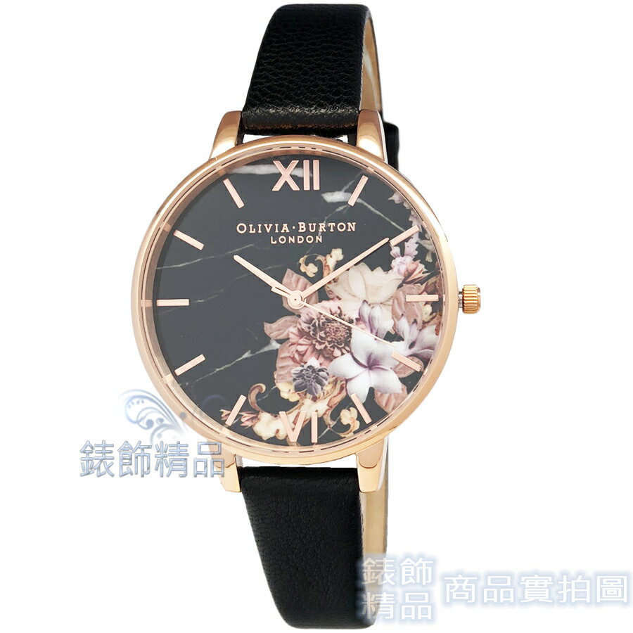 【錶飾精品】OLIVIA BURTON OB16CS01 玫金框 大理石花卉紋路 黑色皮帶女錶