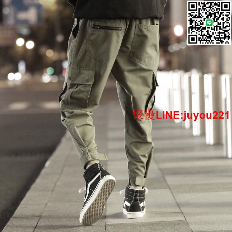 【現時下殺】【M-5XL】秋季日系ins素色百搭工裝休閒長褲 青少年韓版寬鬆大尺碼長褲 軍綠色魔鬼氈束腳九分褲 運動哈倫