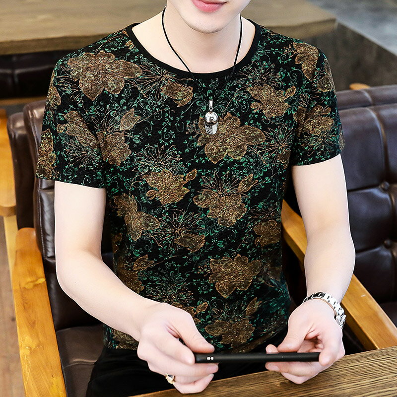 短袖t恤夏天潮流半袖印花冰絲體恤圓領寬松大碼打底衫上衣男士T恤
