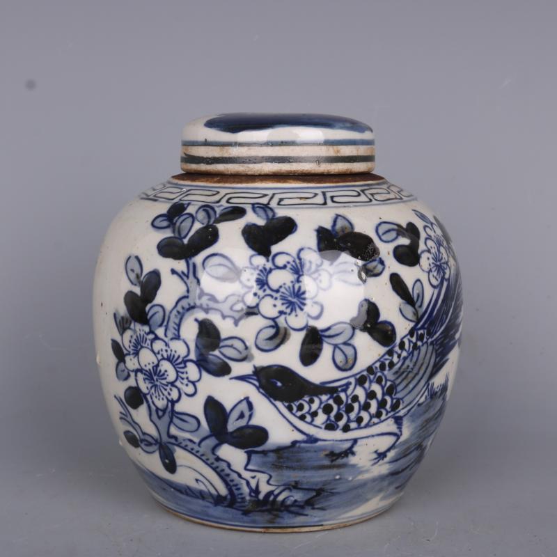 清中期青花牡丹花鳥紋罐 民間收藏家居用品擺件 仿古瓷器古董古玩1入