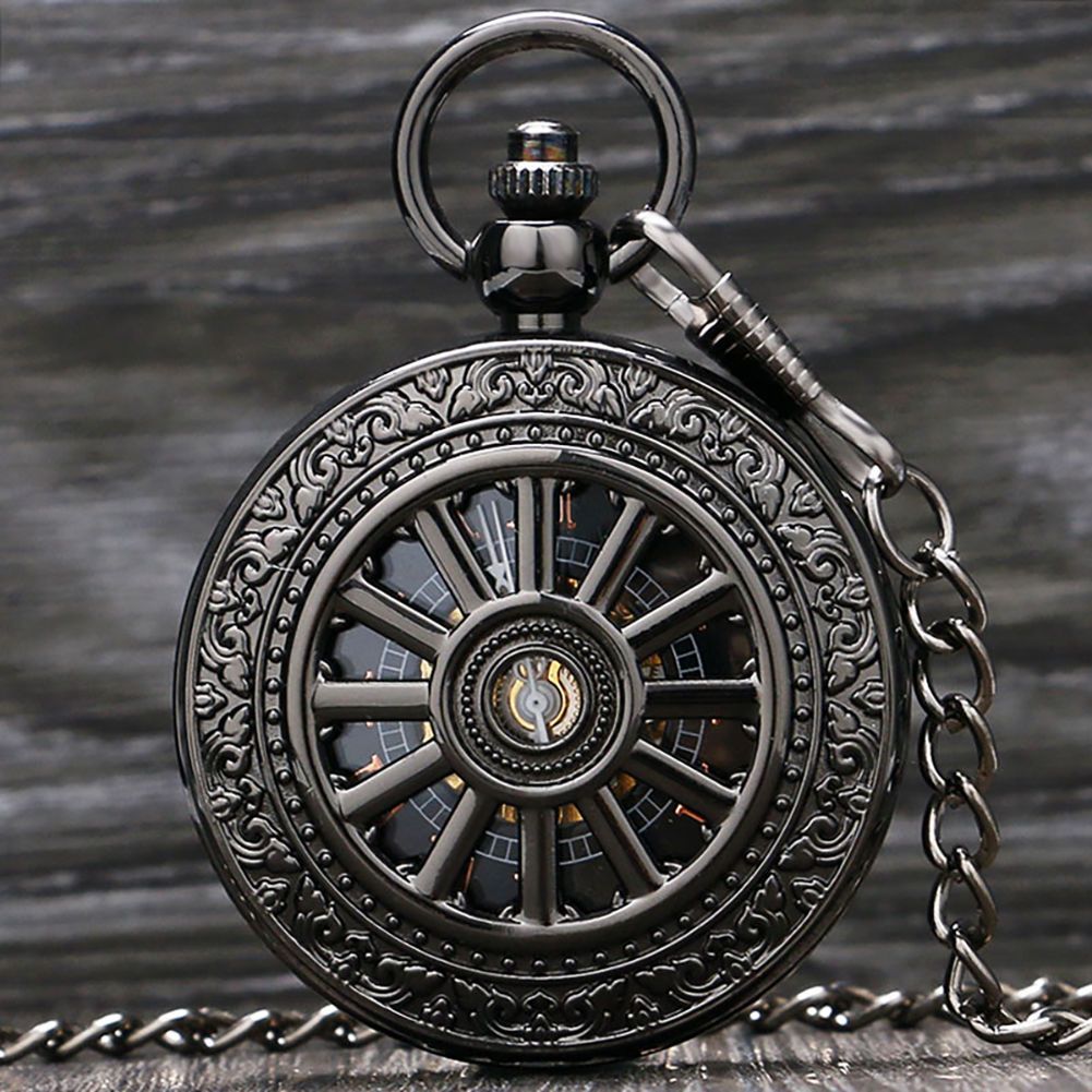 經典復古懷錶 大號號車輪鏤空手動機械懷錶 男女翻蓋羅馬創意禮物