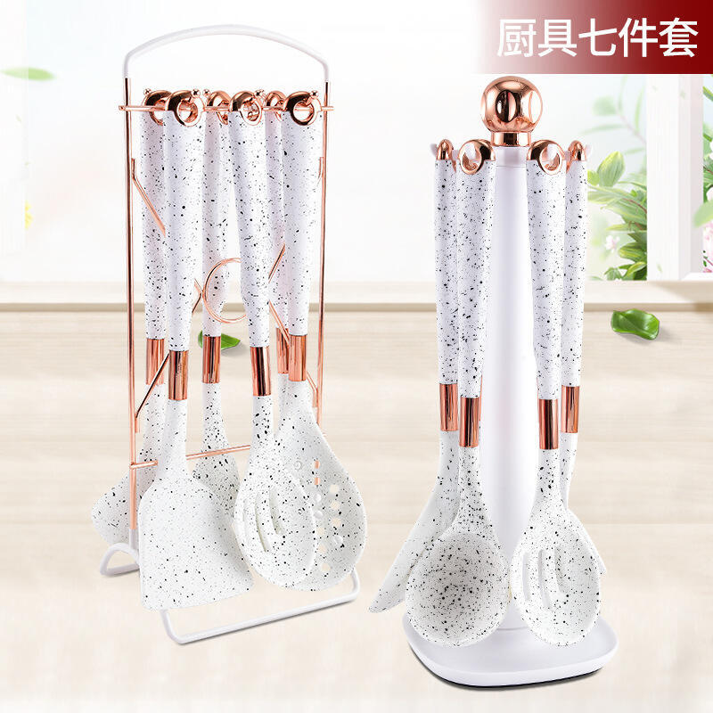 白色噴點矽膠廚具七件套廚房烹飪湯勺不粘鍋鏟子配旋轉收納架套裝