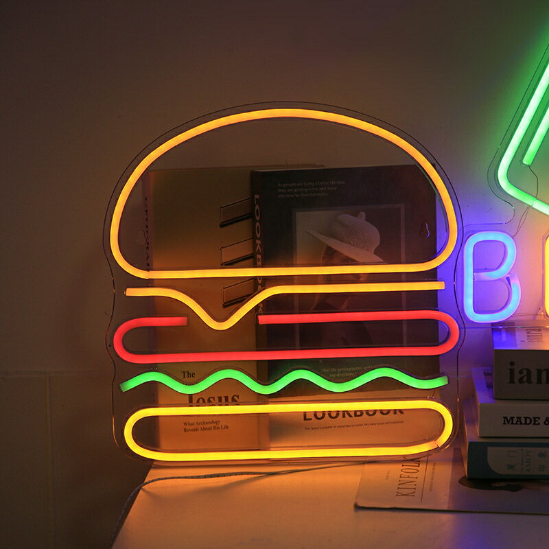 LED亞克力背板多色漢堡霓虹燈漢堡包招財貓造型裝飾燈西餐店