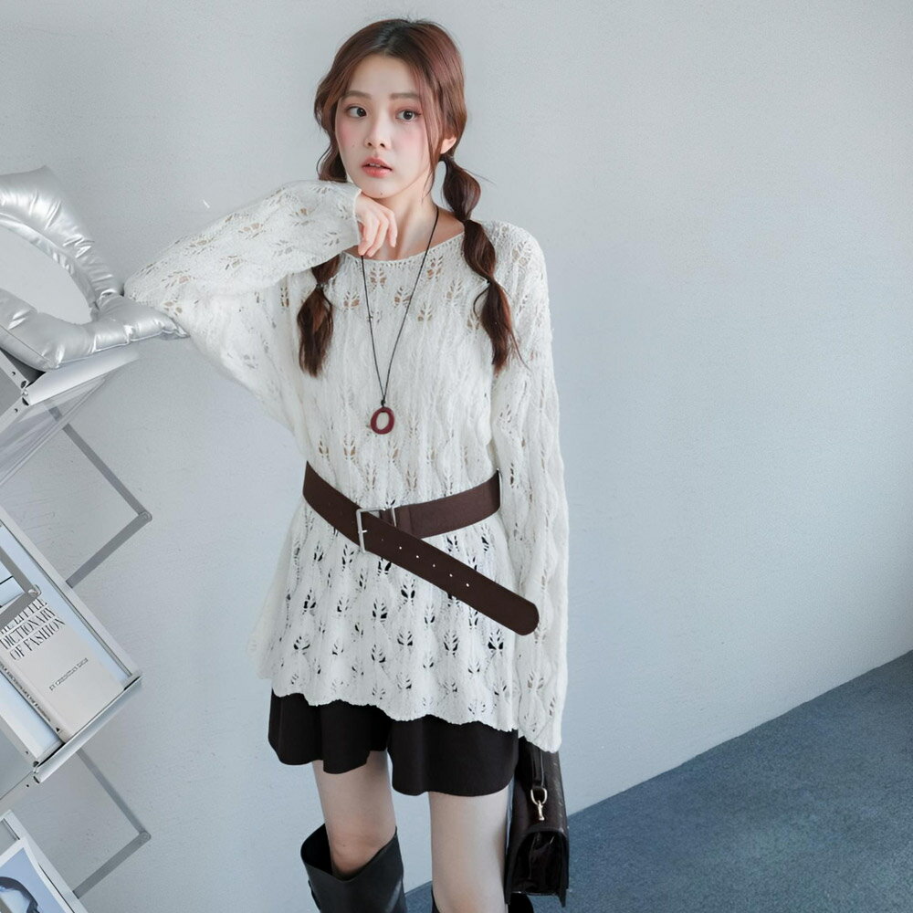 ★限時下殺$790★MIUSTAR附腰帶！圓領寬鬆裸空針織上衣(共2色)0923預購【NR2028】