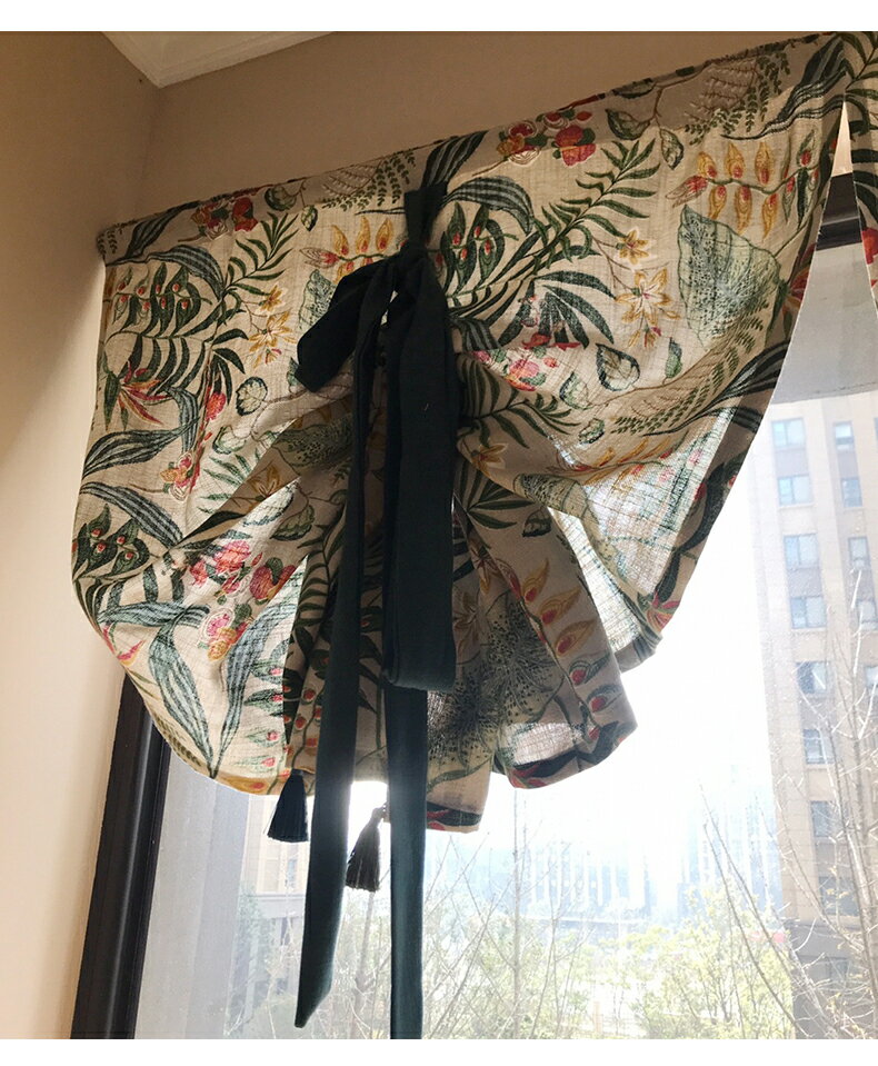 【優選百貨】窗紗簾北歐綠色幾何植物美式復古提拉簾廚房 7