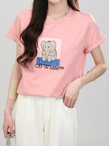 減齡百搭夏季舒適純棉粉色印花T恤女寬松顯瘦卷邊袖大象圖案上衣