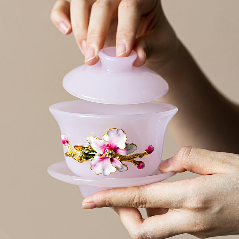 高檔粉色琉璃茶具三才蓋碗泡茶碗家用陶瓷功夫茶具套裝家用蓋碗