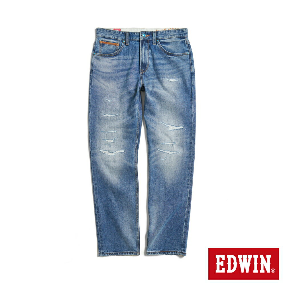 EDWIN BLUE TRIP系列 刷破丹寧中直筒牛仔褲-男款 拔洗藍