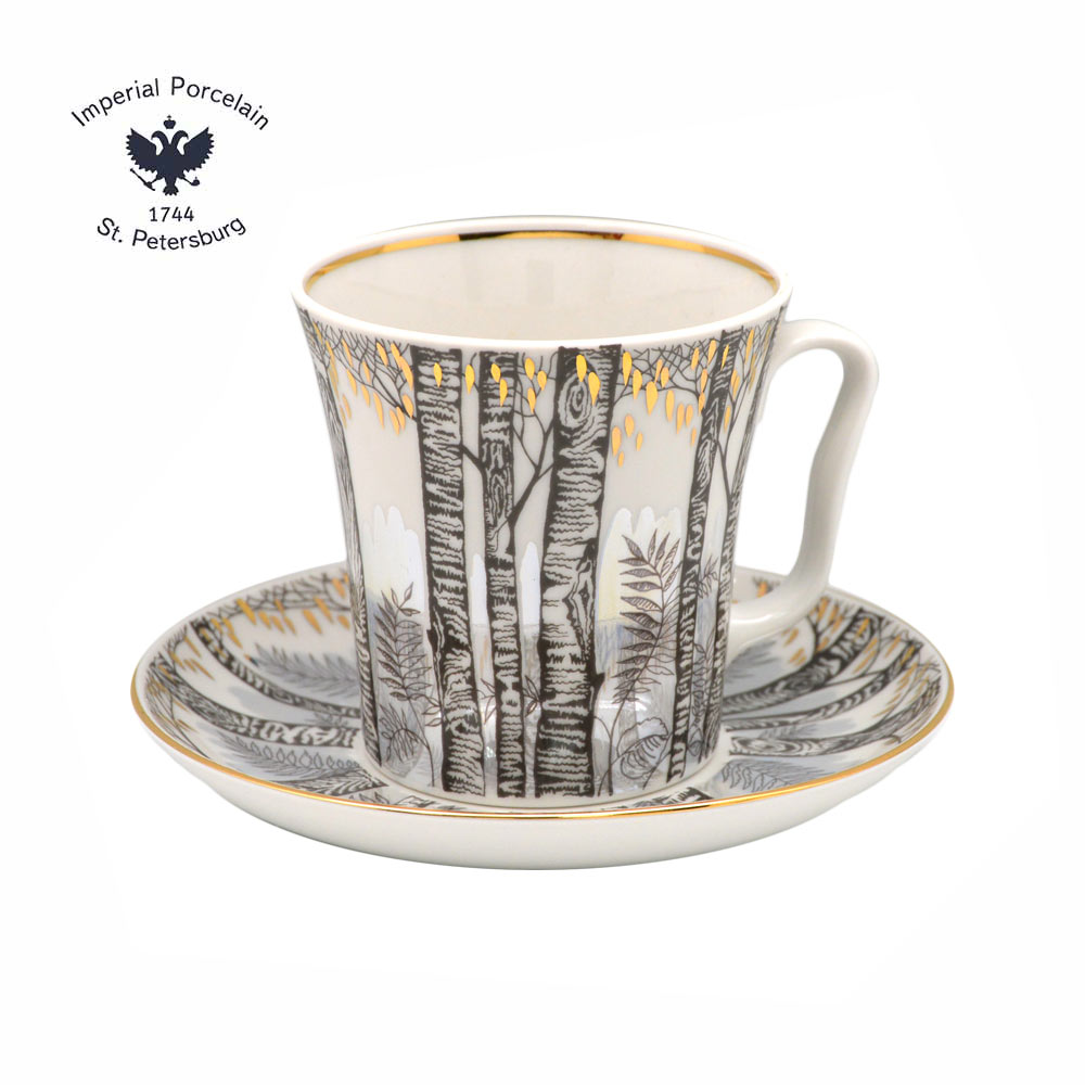 俄羅斯 Imperial Porcelain 銀色森林系列-22K金手工350ML馬克杯盤組