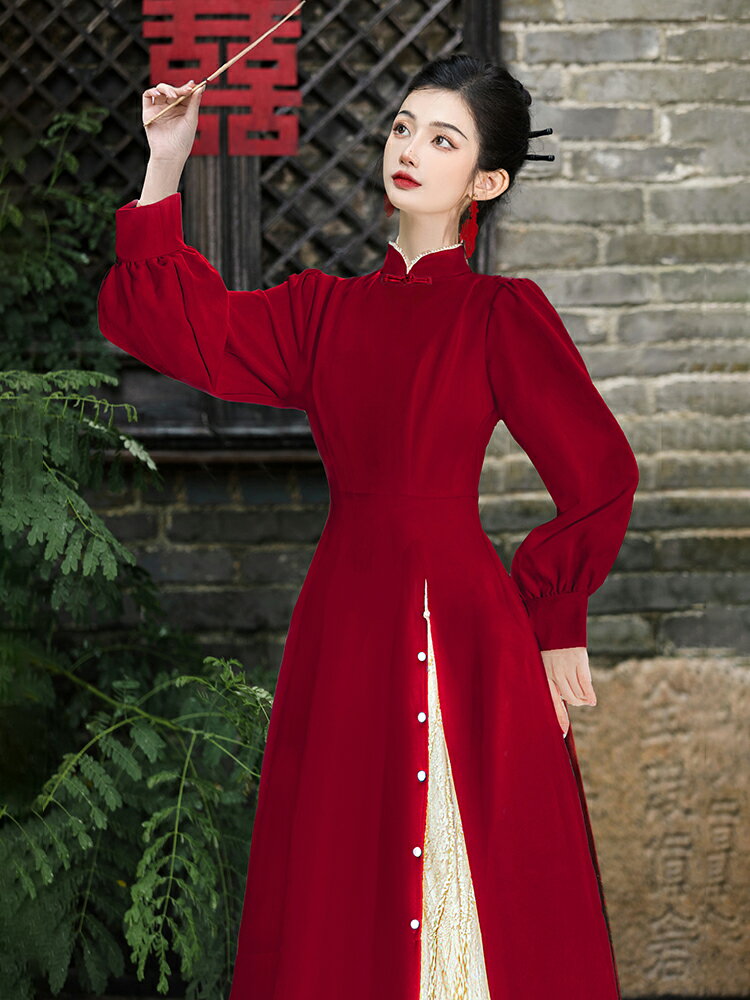 原創新中式國風珍珠領改良日常旗袍連衣裙紅色訂婚小禮服長裙圣誕