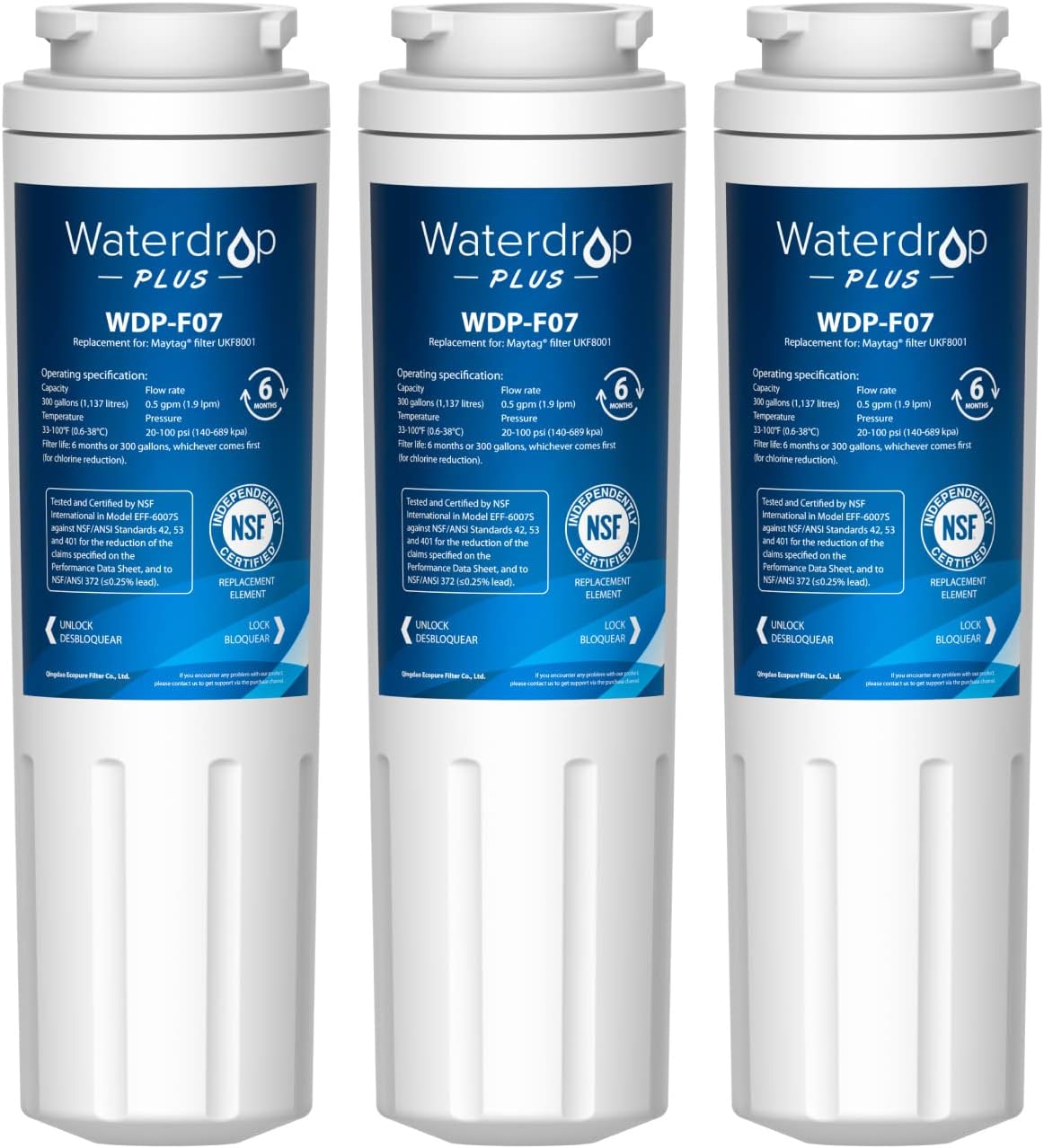 [4美國直購] Waterdrop Plus WDP-F07 NSF認證濾芯 3入 相容濾心 取代 Whirlpool Everydrop Filter 4 EDR4RXD1 Maytag UKF8001