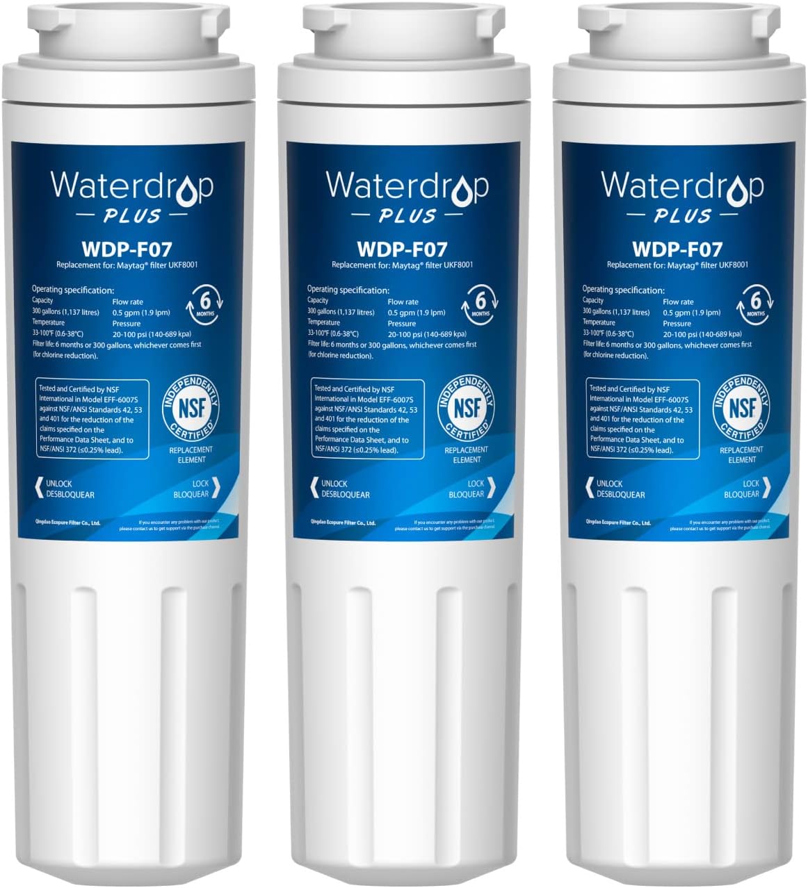 [4美國直購] Waterdrop Plus WD-F07 NSF認證濾芯 3入 相容濾心 取代 Whirlpool Everydrop Filter 4 EDR4RXD1 Maytag UKF8001