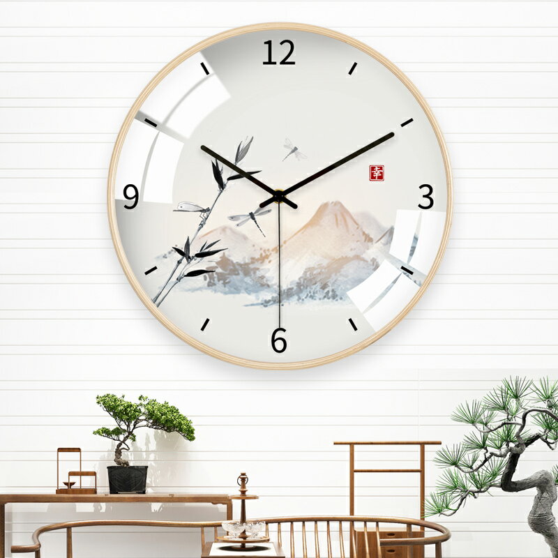TQJ靜音實木掛鐘中國風客廳家用時尚時鐘掛墻新中式禪意石英鐘表