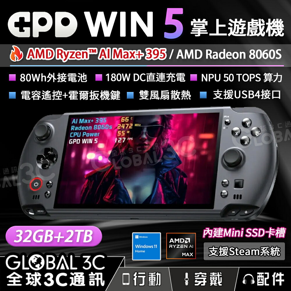 GPD WIN5 7吋掌上遊戲機 32GB+2TB AMD Ryzen Al 395 外接電池 steam 掌機