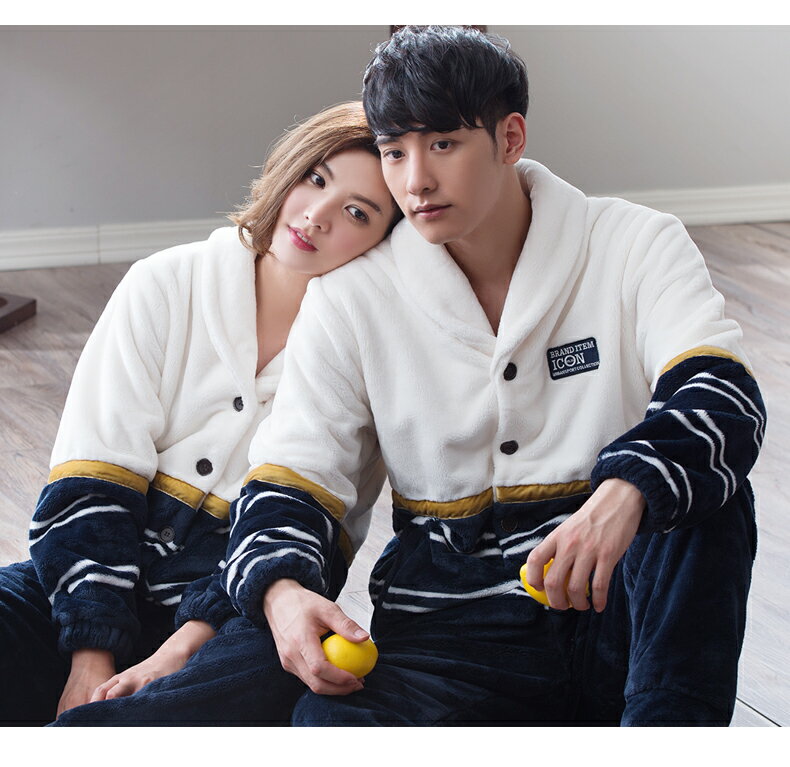 {棉柔纖維}冬季珊瑚絨情侶睡衣 休閑條紋睡衣家居服 七天預購+現貨