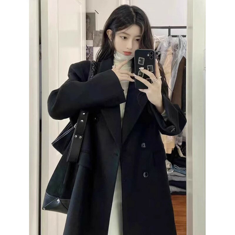 毛呢外套長版大衣-黑色雙排扣簡約修身女外套74hq25【獨家進口】【米蘭精品】