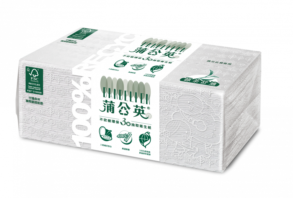 蒲公英三層綠茶舒適環保抽取衛生紙(100抽/10包/7串/箱) 2
