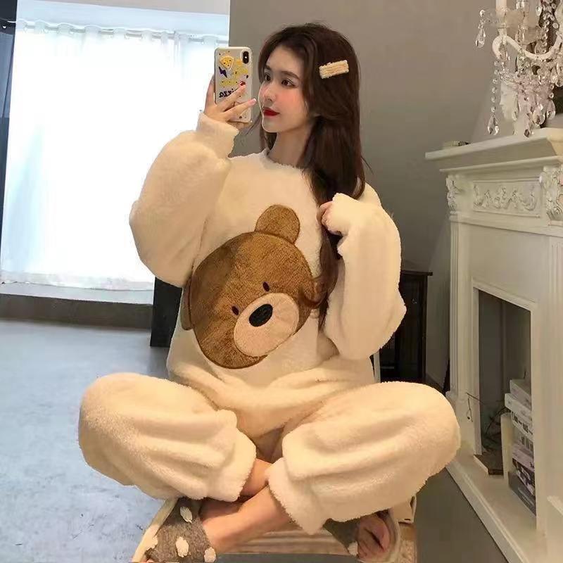 歪頭熊黑絨睡衣 女冬季法蘭絨韓版 長袖加厚加絨珊瑚絨可愛秋冬季家居服套裝女