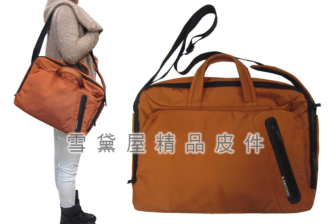 限時 滿3千賺10%點數↘ | ~雪黛屋~Kawasaki 公事包中容量防水尼龍布+皮革可放A4資夾14寸電腦固定護肩長背帶主袋+外袋共三層HKA083