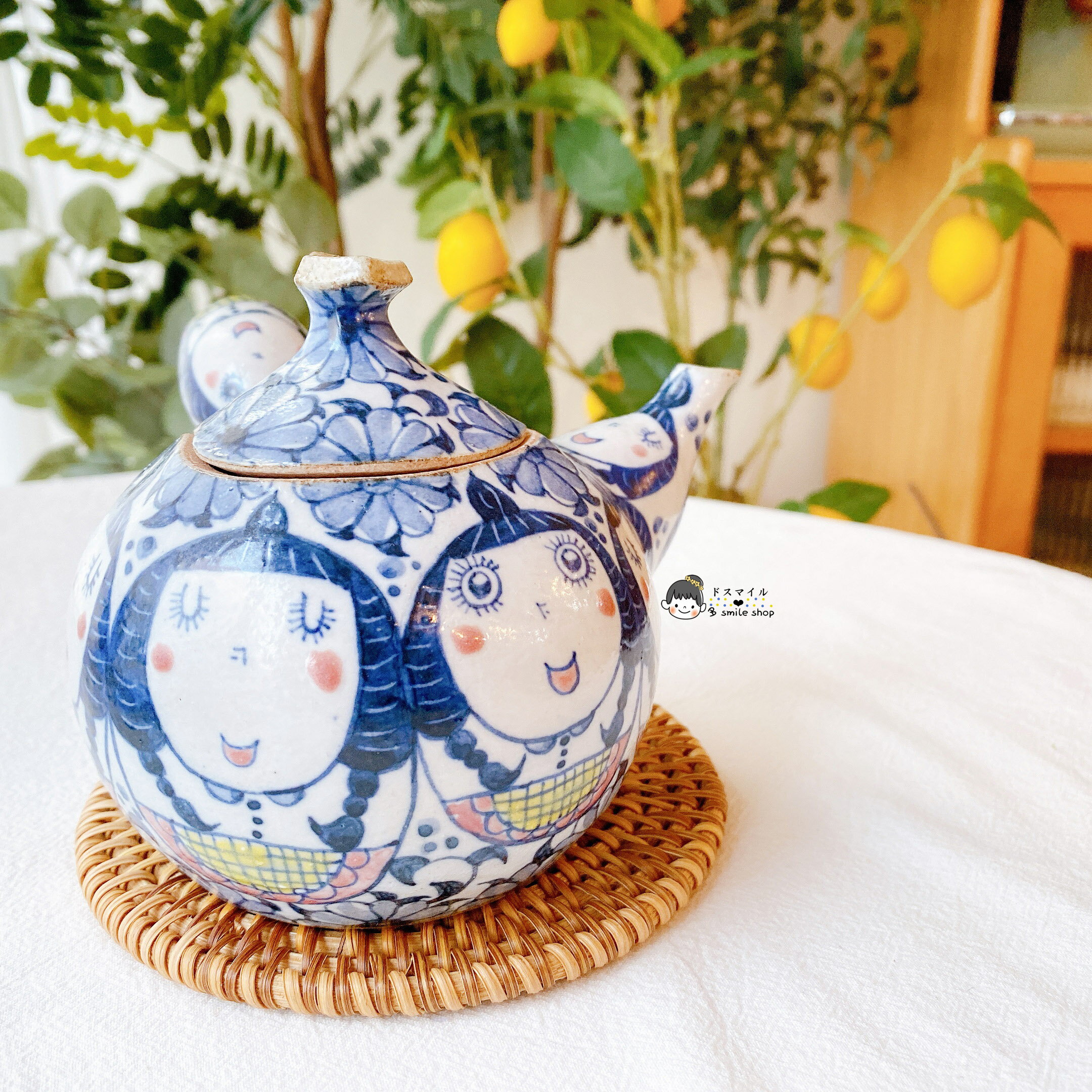 進口作家手作手繪青花藍彩童話胖娃娃和服女孩茶杯茶壺