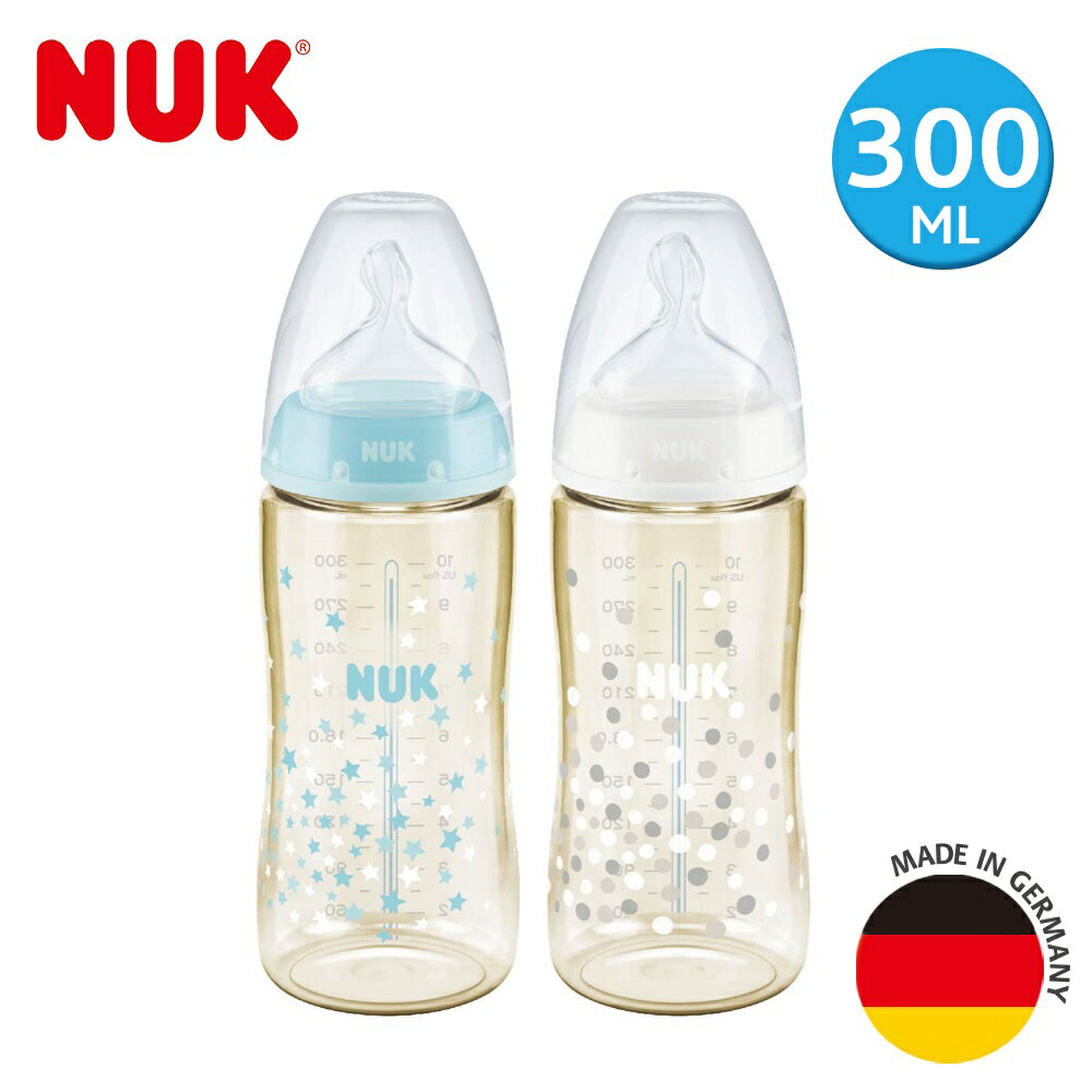 NUK寬口徑PPSU感溫奶瓶300ml-附中圓洞矽膠奶嘴(顏色隨機出貨)【六甲媽咪】