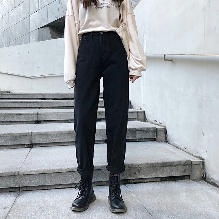 高腰牛仔褲女直筒寬松學生百搭卷邊黑色褲子女秋冬長褲新款1入