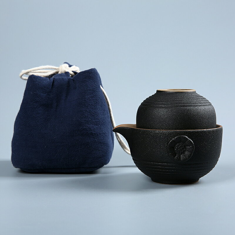 傳藝窯黑陶一壺兩杯快客杯 陶瓷旅行茶具套裝 便攜式粗陶日式茶壺