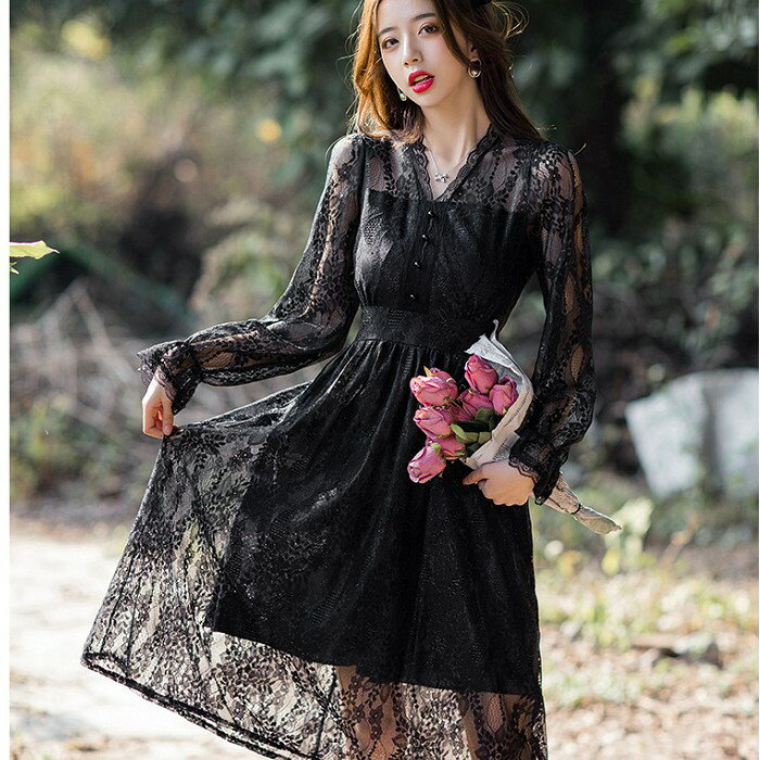 嫵媚V領透視露肩蕾絲中長洋裝[99135-QF]灰姑娘