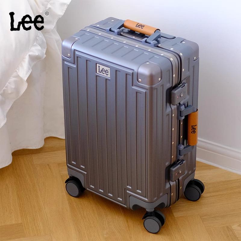 Lee皮把手行李箱高檔拉桿箱女20寸登機箱鋁框旅行箱耐用密碼箱男