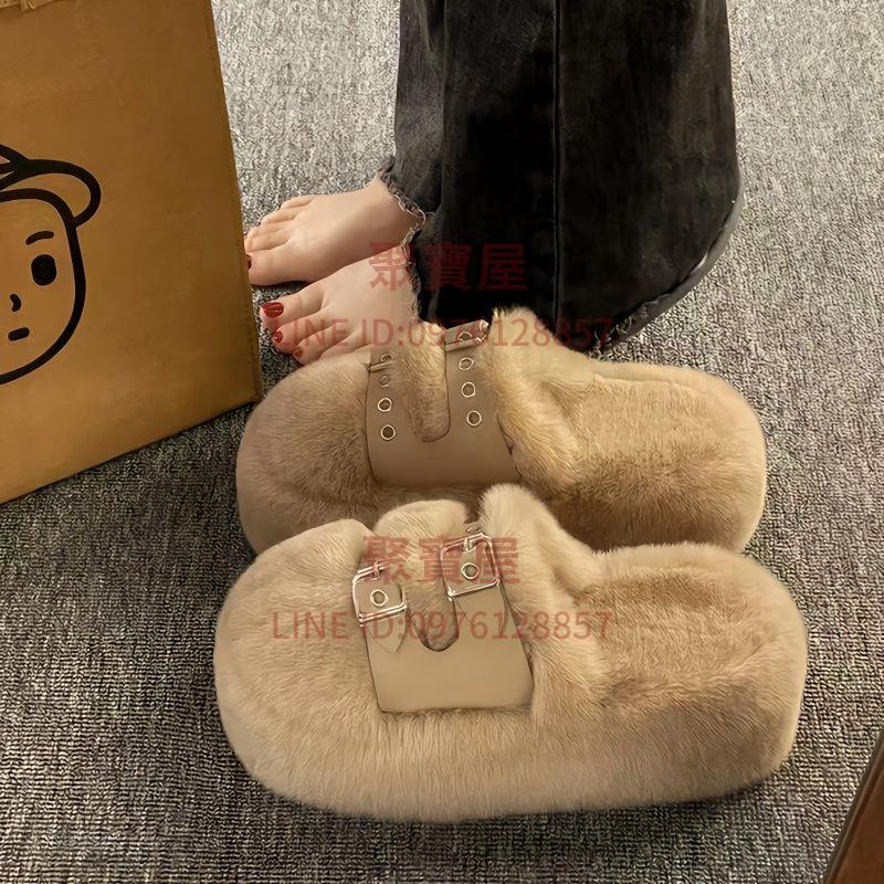 厚底毛毛拖鞋女外穿增高皮帶扣潮包頭半拖鞋時尚百搭秋冬季新款【聚寶屋】