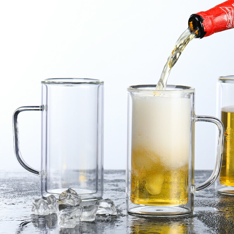 透明帶把家用啤酒杯雙層耐熱帶把杯創意酒杯精釀啤酒杯大號泡茶杯