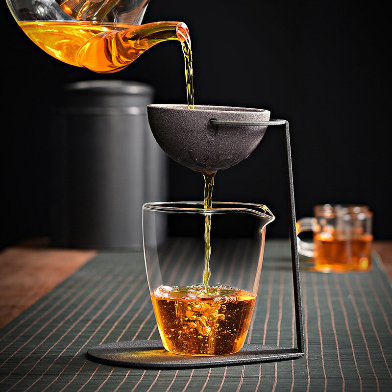 創新品無孔茶漏鋁礦物石玻璃公道杯一體組合套裝茶濾帶托架過濾器