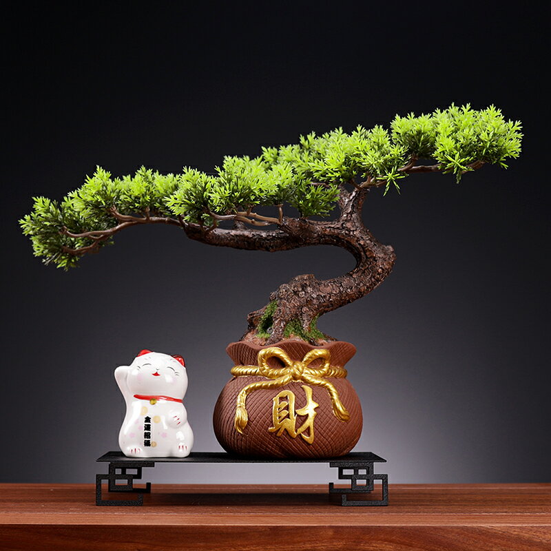 優樂悅~室內模擬迎客松盆景客廳綠植盆栽辦公桌植物陶瓷貓開業送禮裝飾品