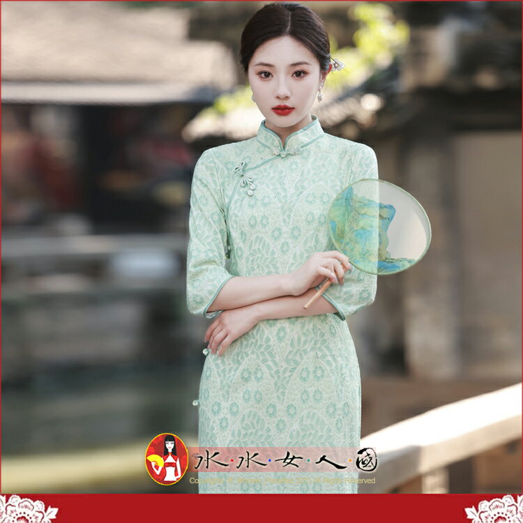 複合蕾絲七分袖長旗袍 復古中國風經典改良式時尚修身顯瘦日常連身裙洋裝～美麗優雅風～芊串(綠)。水水女人國