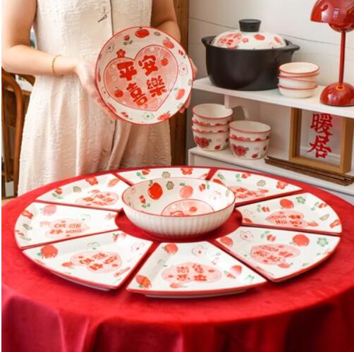年夜飯拼盤餐具套裝組合過年團圓聚餐碗碟套裝家用喜慶飯碗菜盤子
