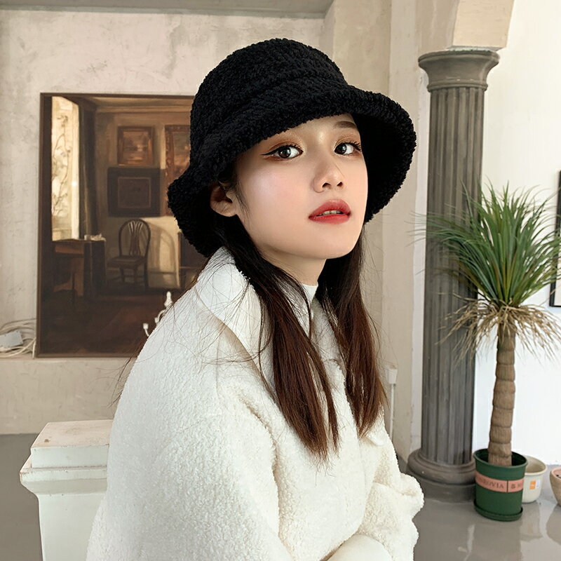 秋冬帽子女漁夫帽韓版日系百搭網紅加絨羊羔毛保暖毛絨盆帽顯臉小