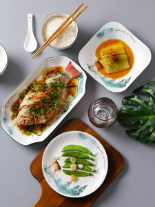 盤子創意ins菜盤家用北歐簡約森林風網紅陶瓷盤餐具碗盤套裝魚盤