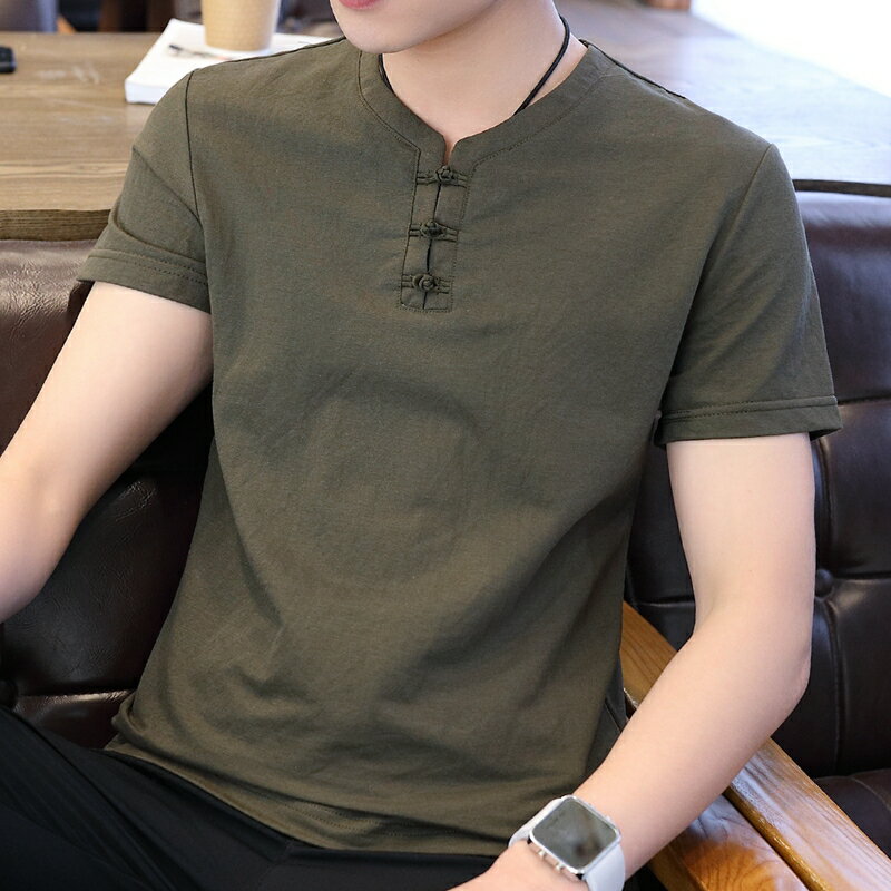 夏季潮流個性潮男短袖T恤韓版修身V領半袖棉麻衣服中國風男裝