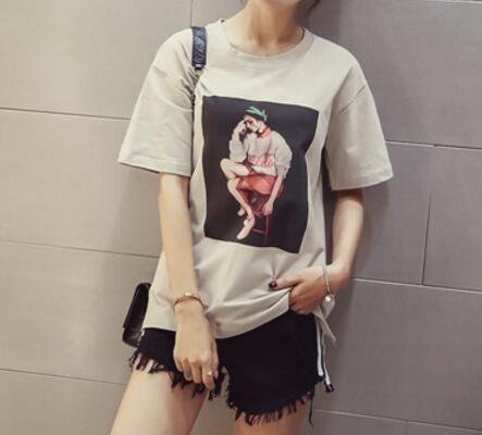 FINDSENSE MD 韓國時尚 女 寬鬆 人物圖案印花 圓領T恤 短袖T恤 上衣 學生短T