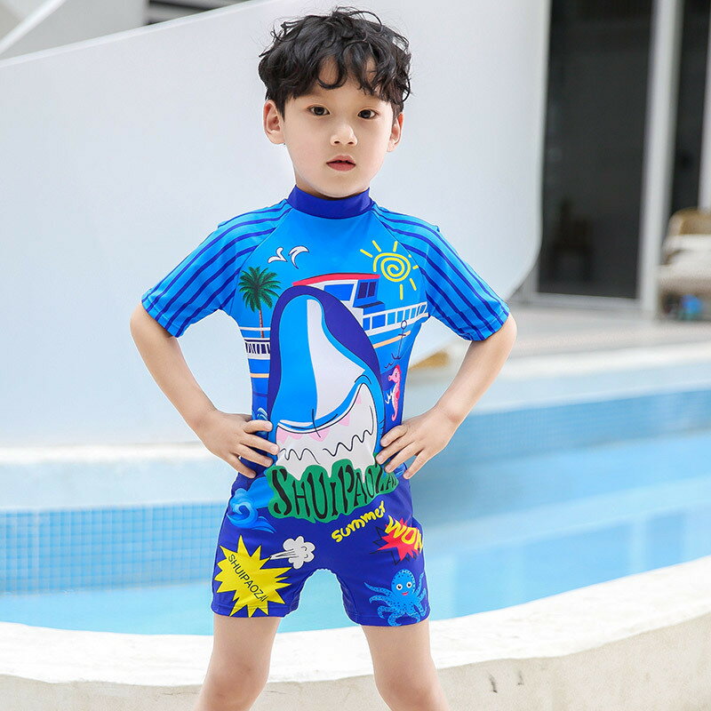 兒童游泳衣男童夏季2021年新款中小童連體卡通游泳褲防曬速干套裝