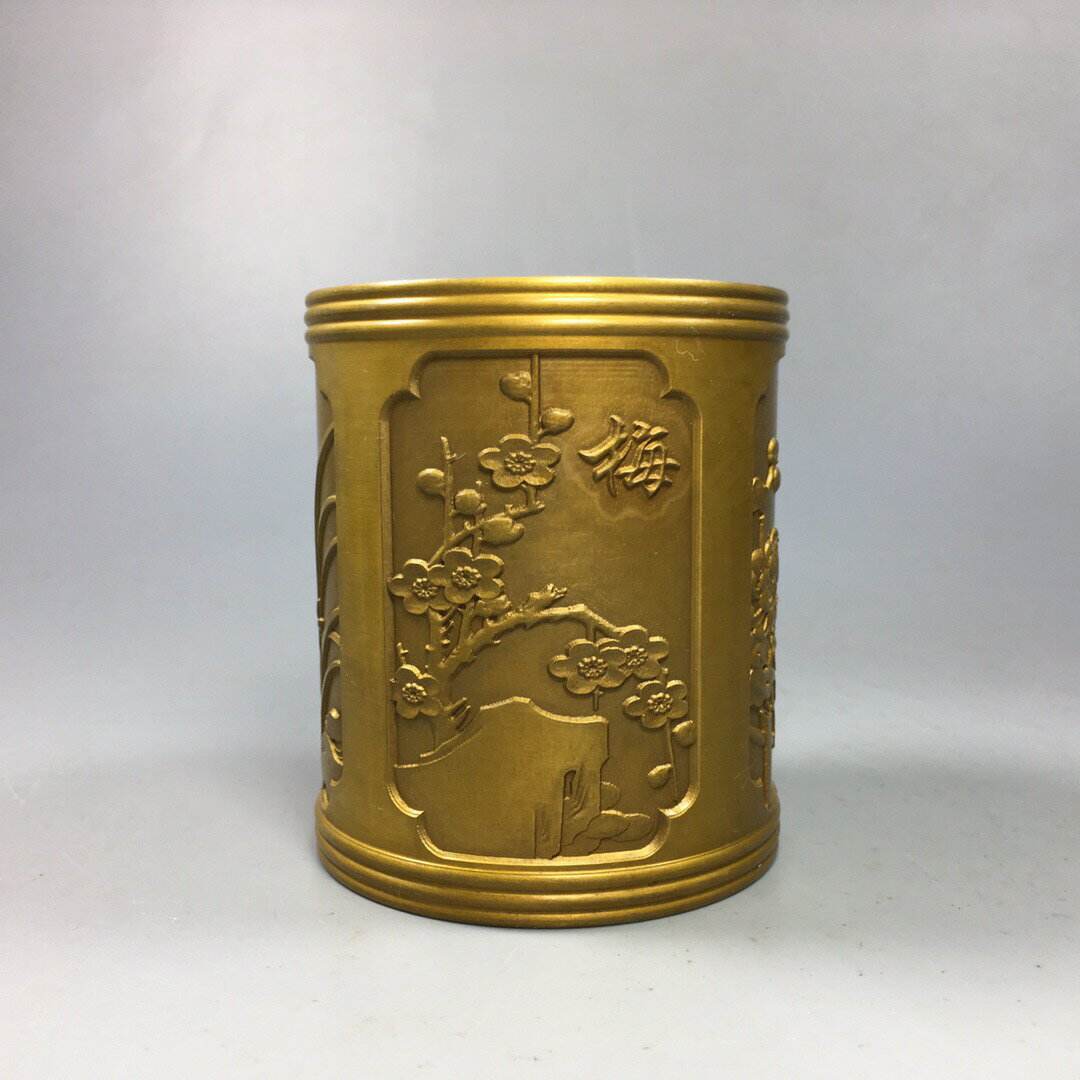 黃銅筆筒純銅大號梅蘭竹菊筆筒個性創意擺件辦公室文房用品禮品