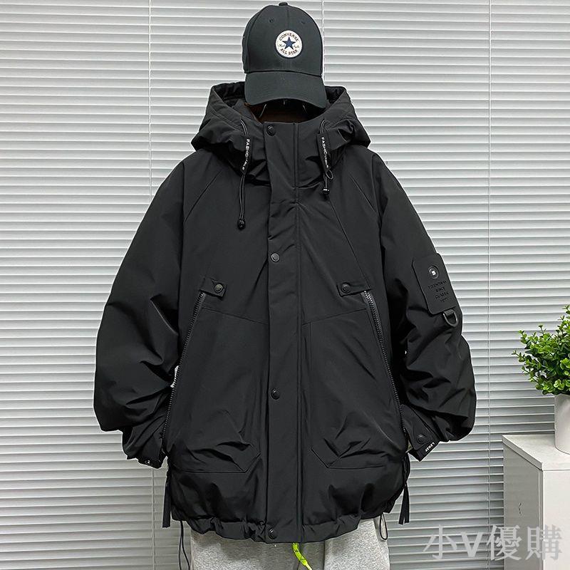 小V 多口袋沖鋒衣羽絨服男寬松連帽潮牌防風保暖冬天外套短款鴨絨上衣